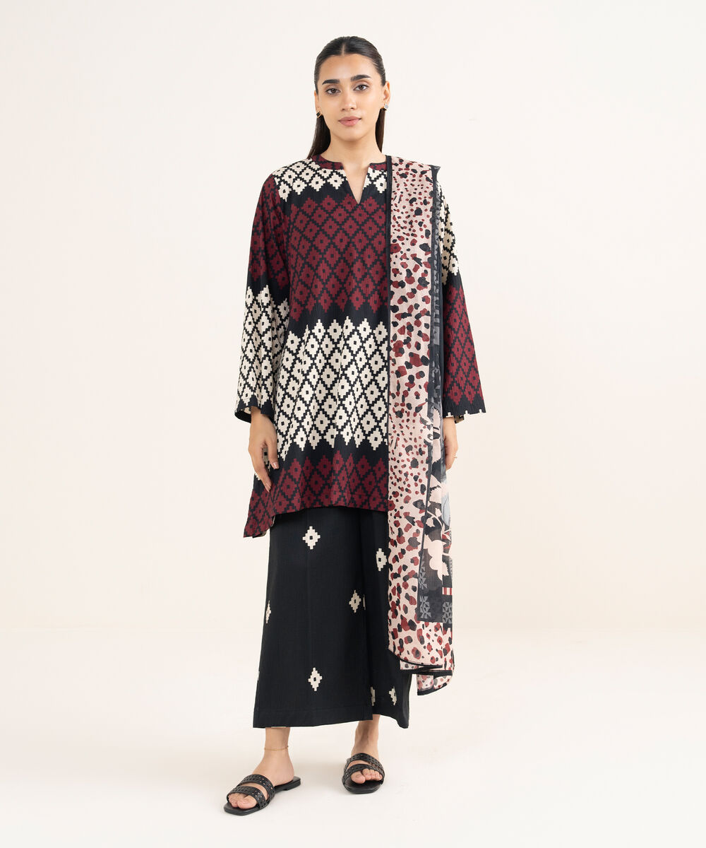 Women's RTW Seersucker Black Printed Drop Shoulder Shirt