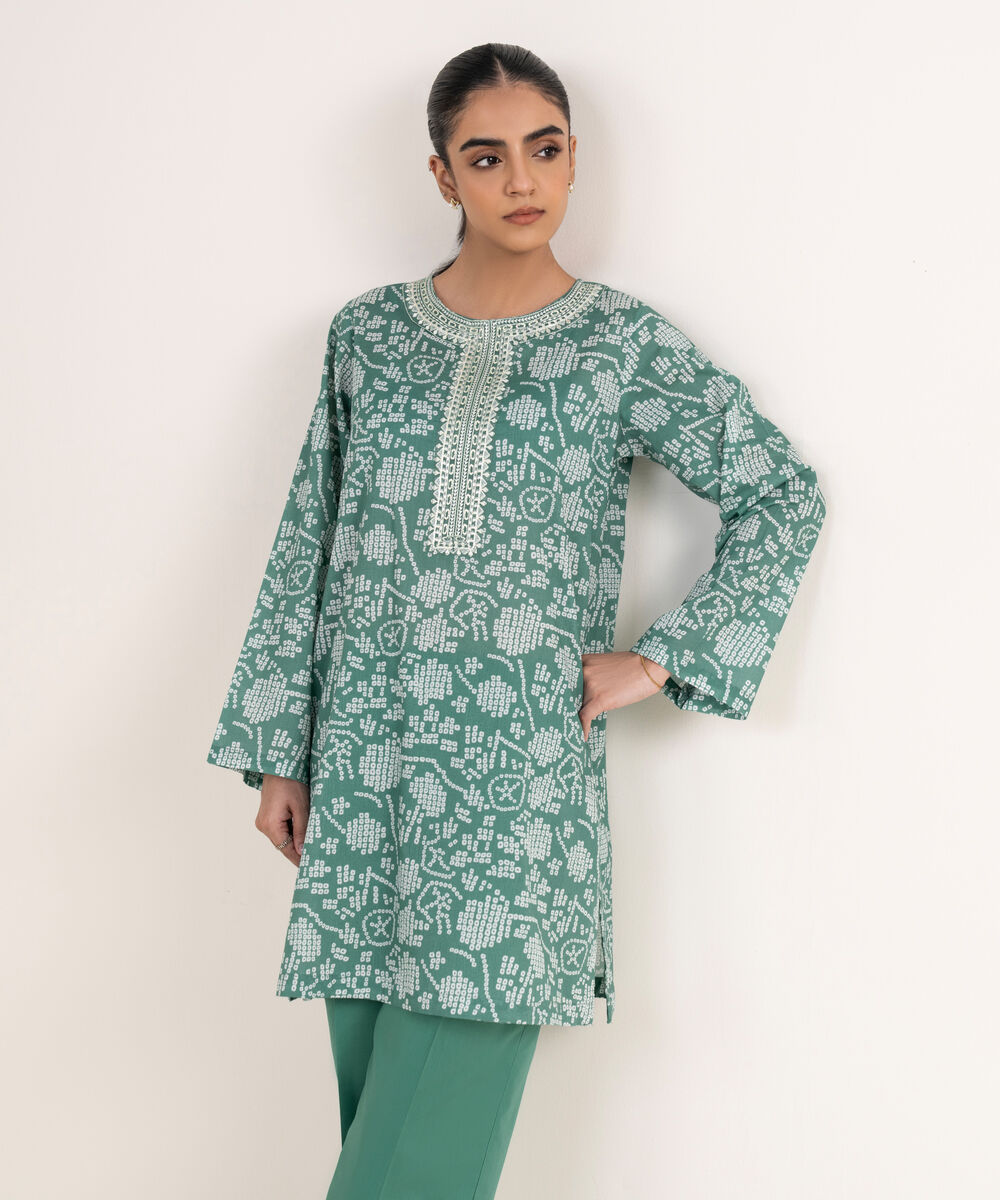 Women's RTW Lawn Green Embroidered A-Line Shirt