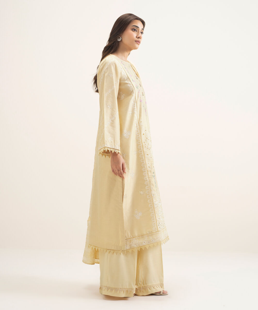 Women's RTW Silk Cotton Net Embroidered Pale Yellow 3 Piece Suit