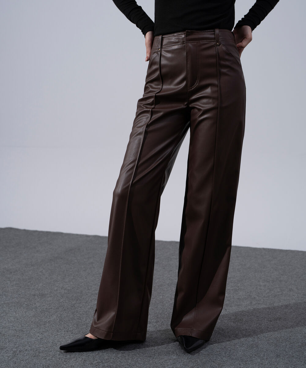 Women's Western Wear Brown Polyester Faux-Leather Straight Fit Trousers