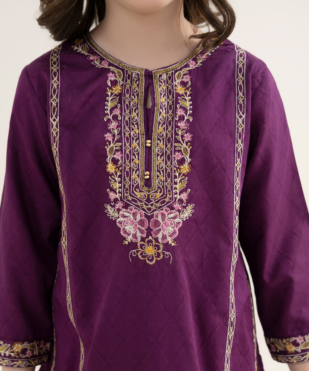 Girl's Self Jacquard Embroidered Purple 2 Piece Suit