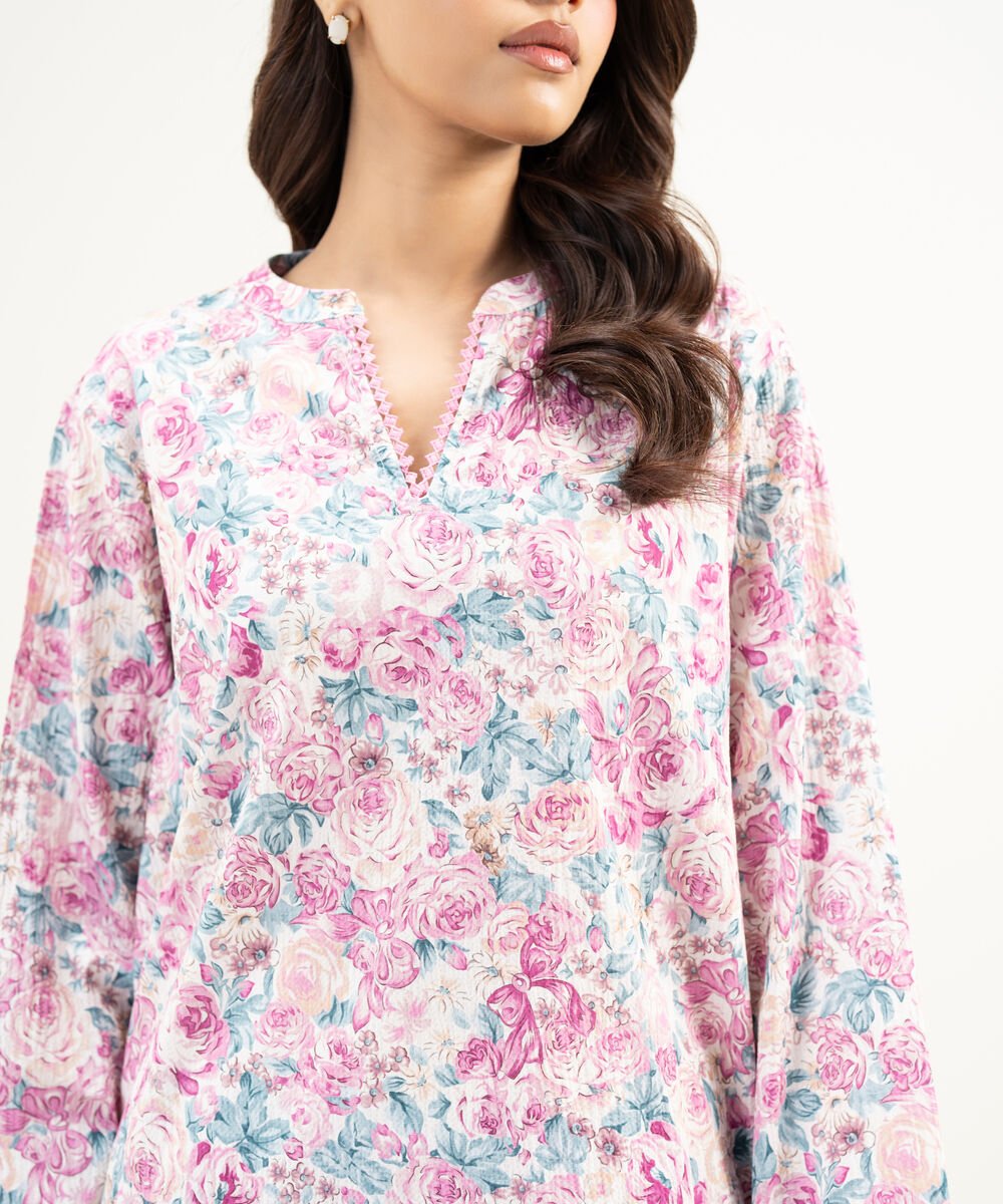 Women's RTW Seersucker Printed Pink Straight Shirt
