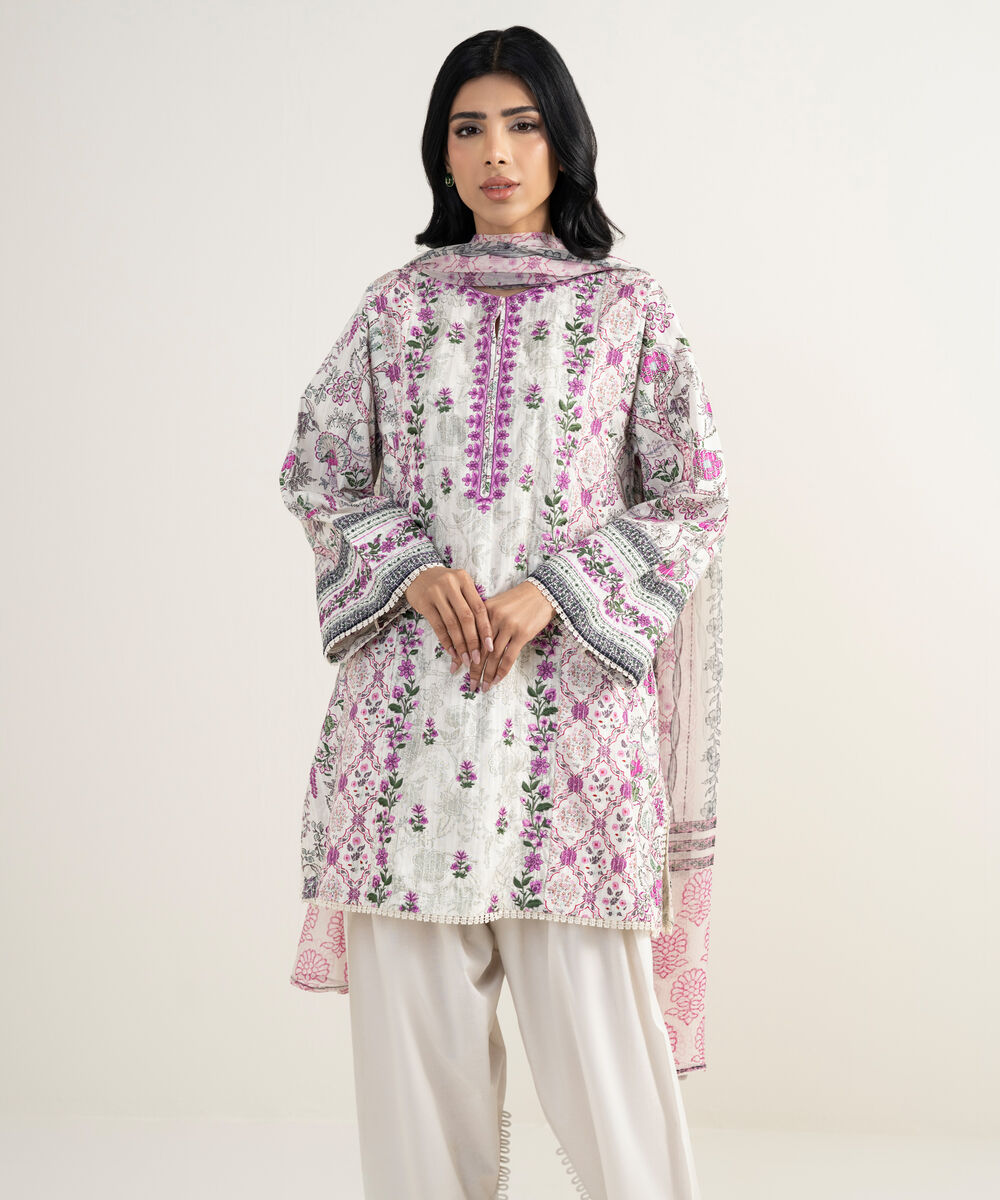 Women's RTW Dobby Embroidered Off White 3 Piece Suit