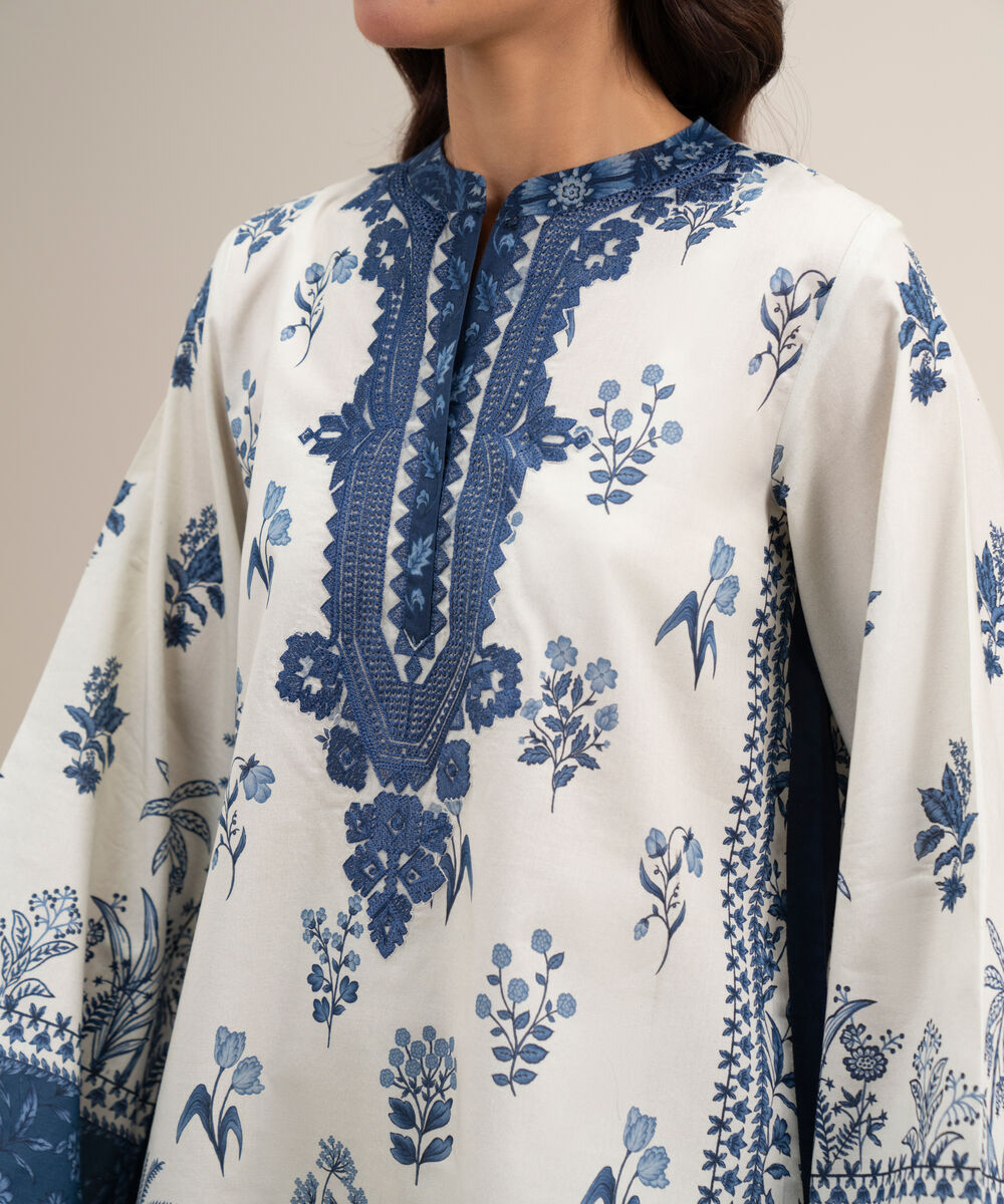 Women's Unstitched Lawn Embroidered Off White and Blue 3 Piece Suit