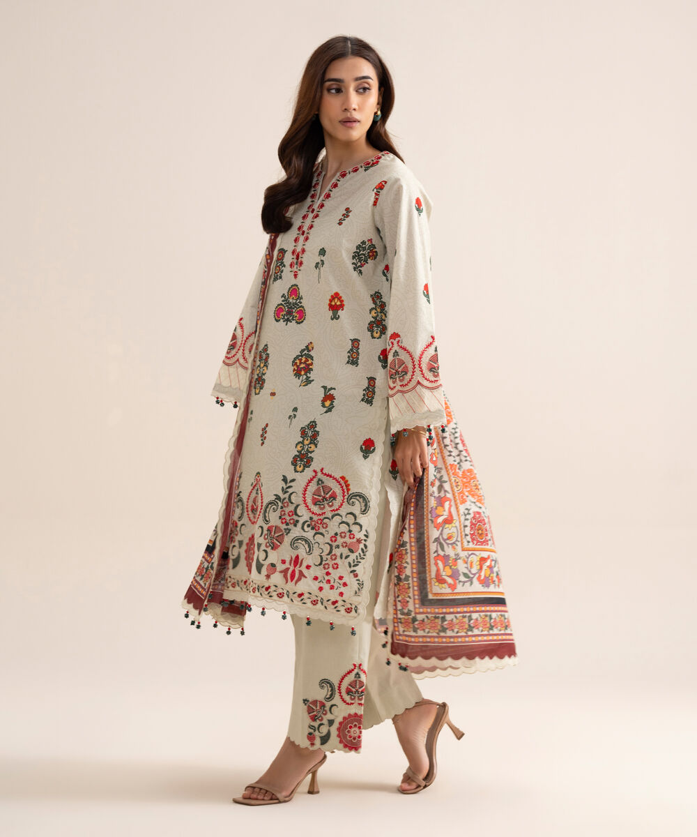 Women's Unstitched Lawn Embroidered Off White  3 Piece Suit