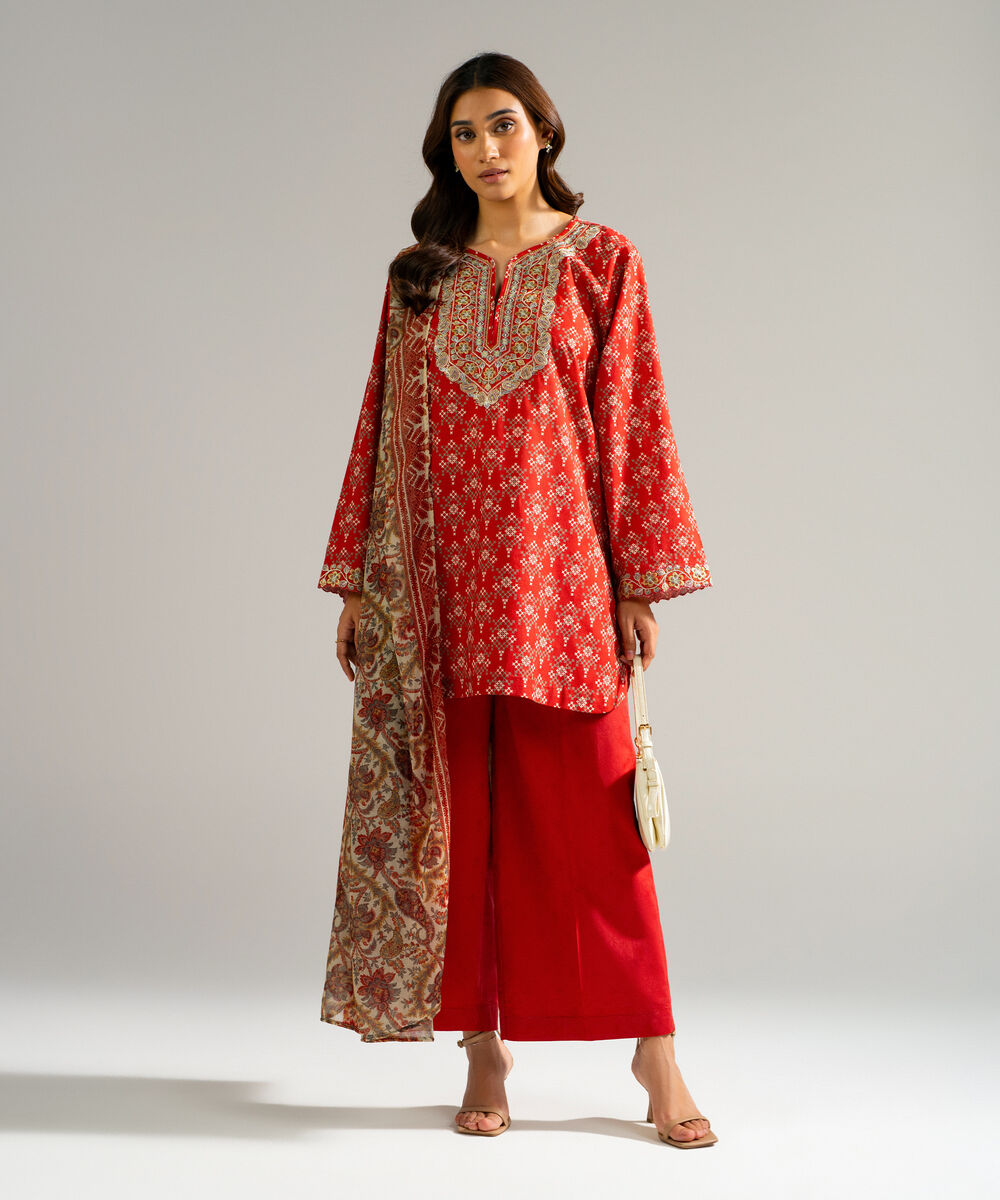 Women's RTW Self Jacquard Embroidered Red 3 Piece Suit