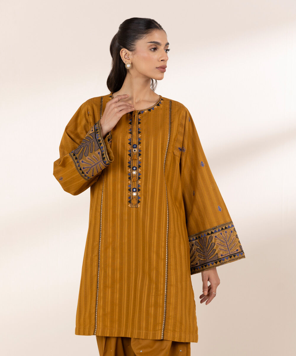 Women's RTW Textured Cotton Orange Embroidered Boxy Shirt