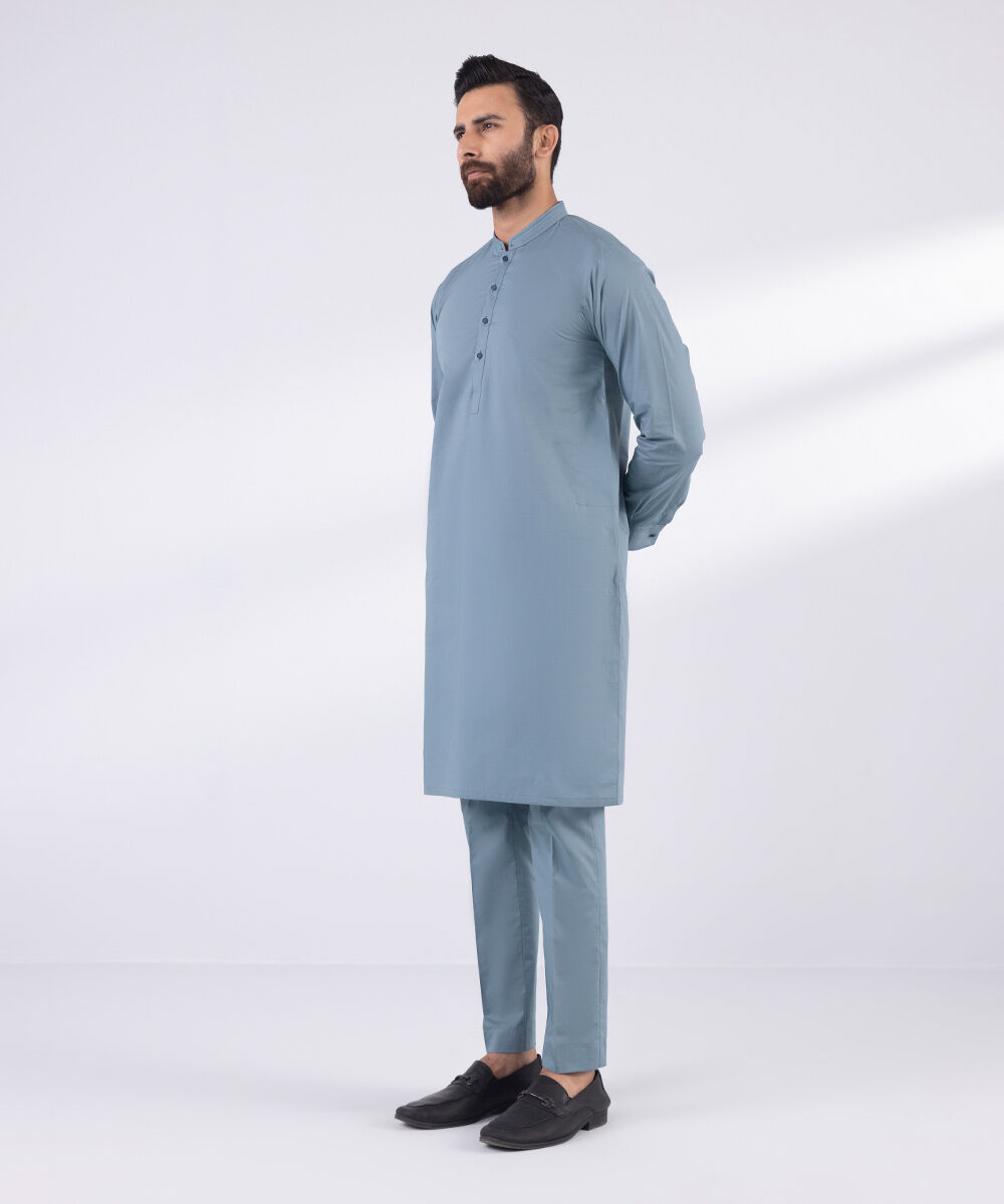Men's 100% Cotton Stitched Plain Blue Stitched Suit