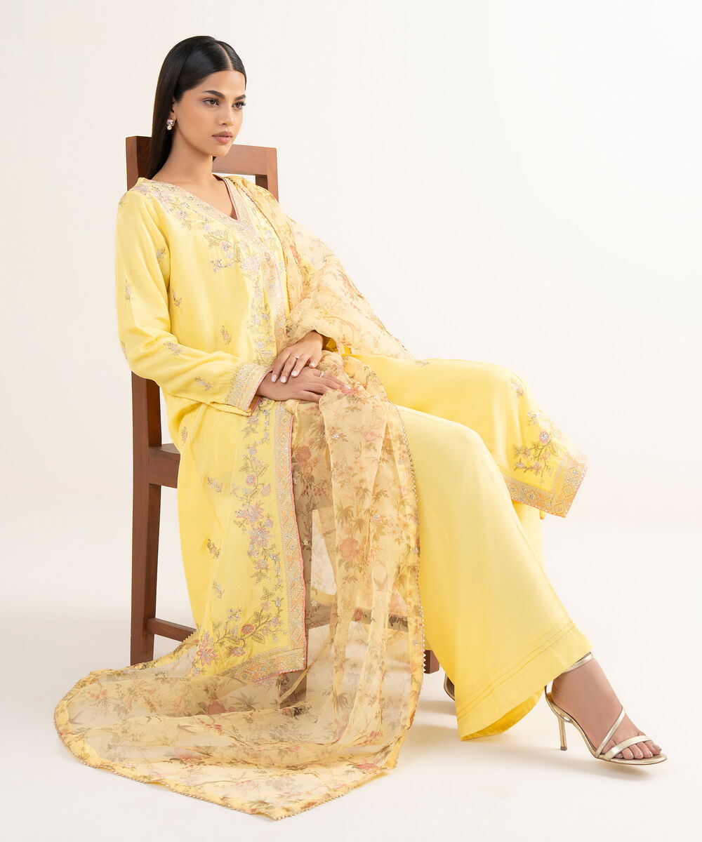 Women's RTW Raw Silk Yellow Embroidered 3 Piece Suit