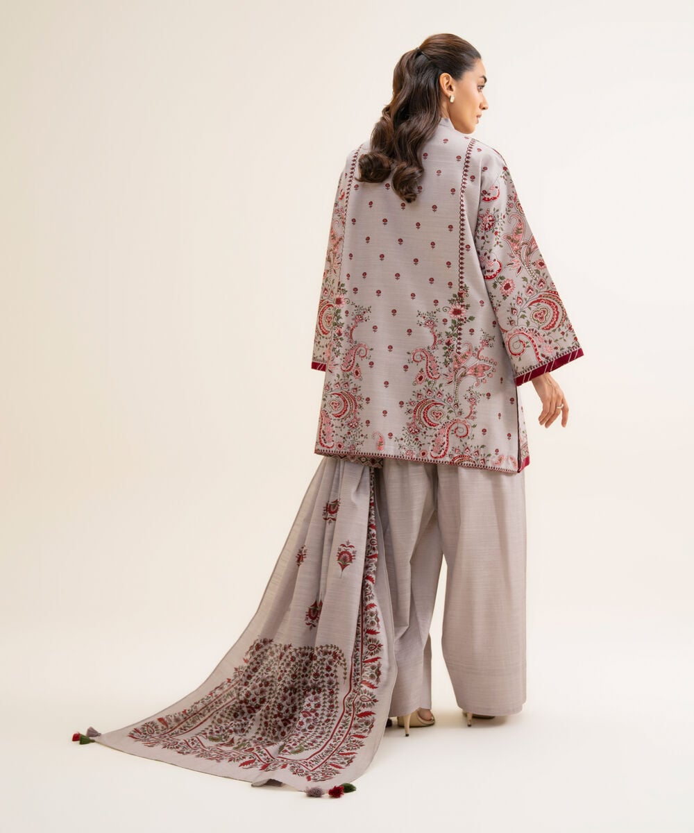 Women's Unstitched Light Khaddar Printed Light Grey 3 Piece Suit
