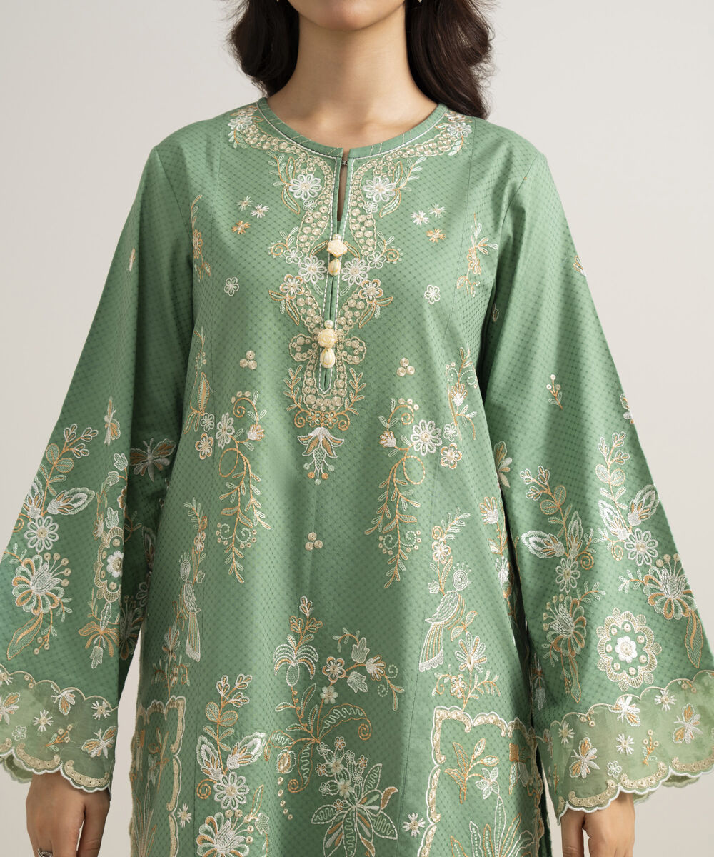 Women's Unstitched Self Jacquard Embroidered Green 3 Piece Suit