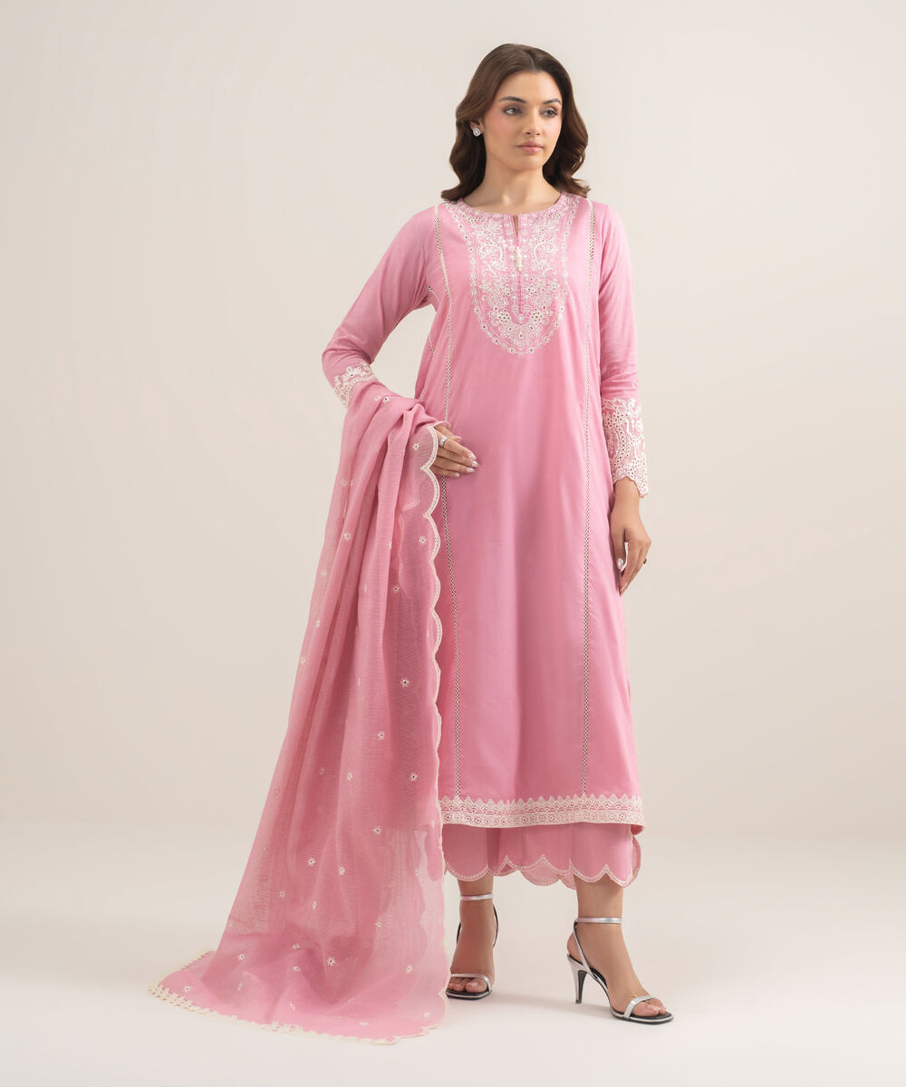 Women's RTW Self Jacquard Embroidered Pink A-Line Shirt