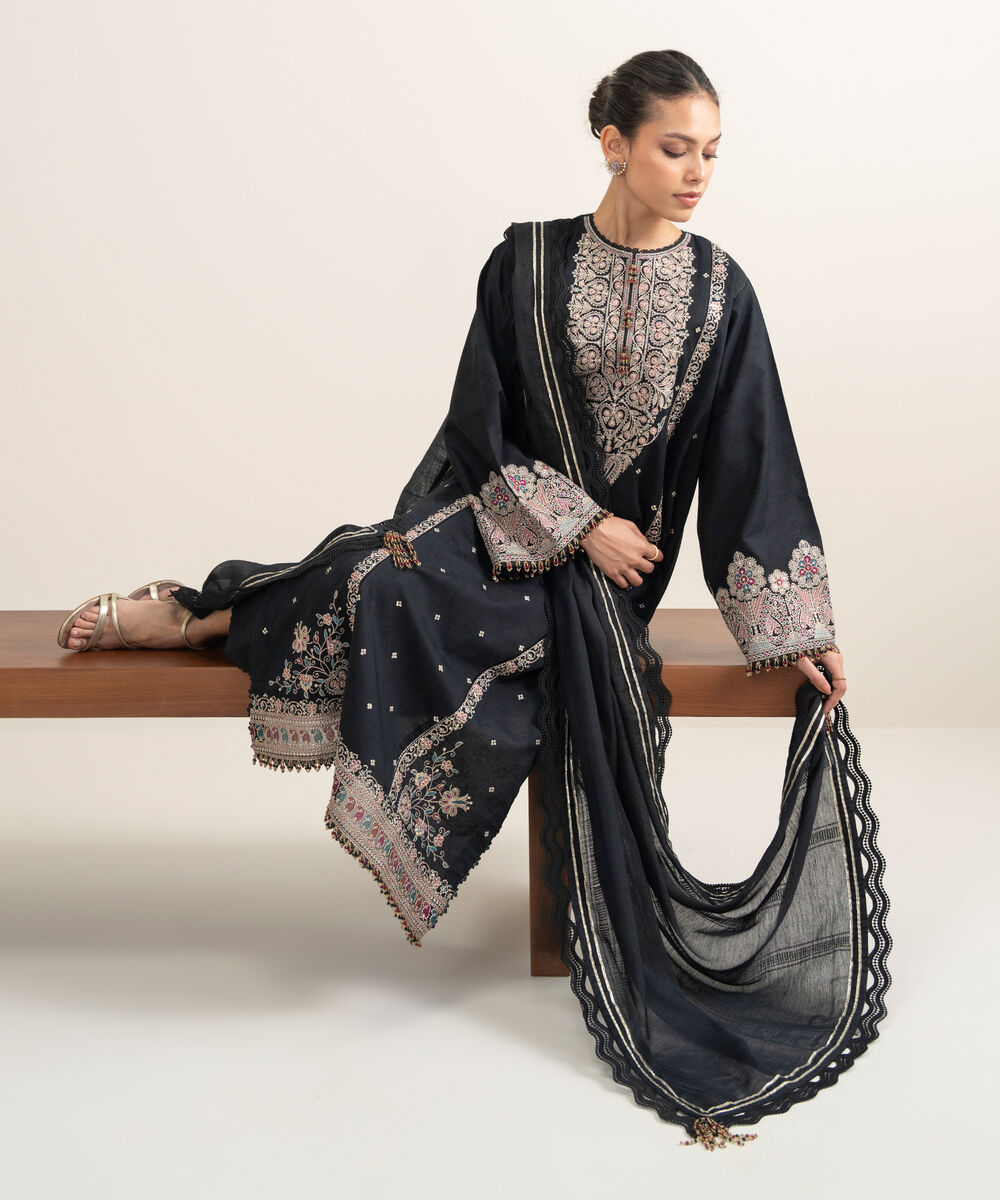 Women's Unstitched Cotton Jacquard Embroidered Black 3 Piece Suit