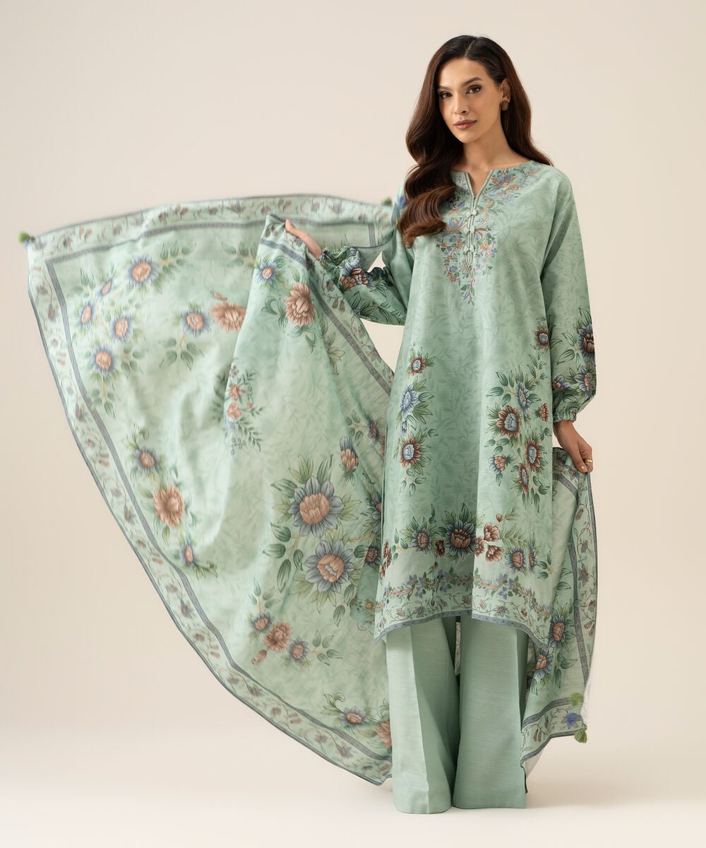 Women's Unstitched Light Khaddar Embroidered Light Mint Green 3 Piece Suit