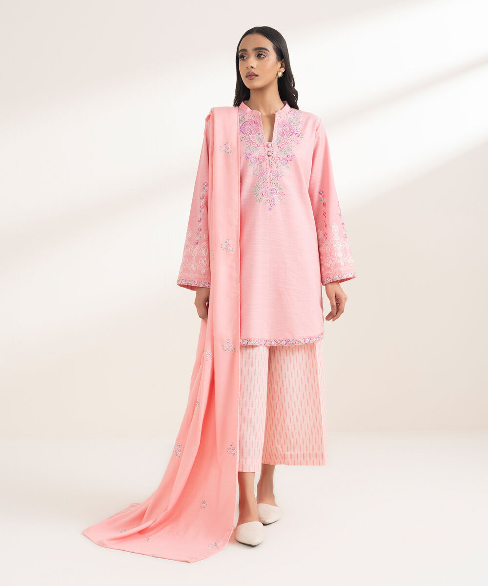 Women's RTW Khaddar Embroidered Pink 3 Piece Suit