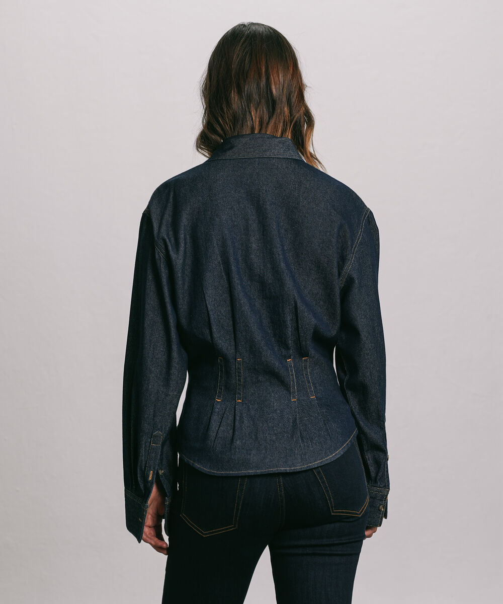 Women's Western Wear Blue Fitted Denim Shirt With Darts