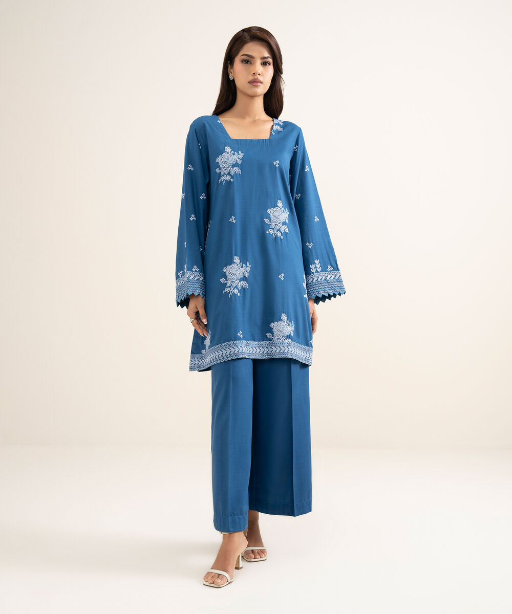 Women's RTW Cotton Viscose Embroidered Blue Straight Shirt