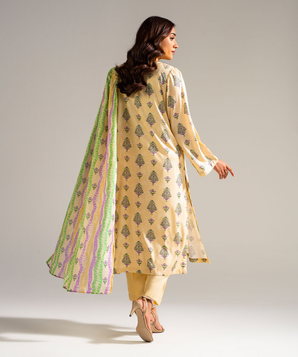 Women's RTW Arabic Lawn Printed Beige 3 Piece Suit