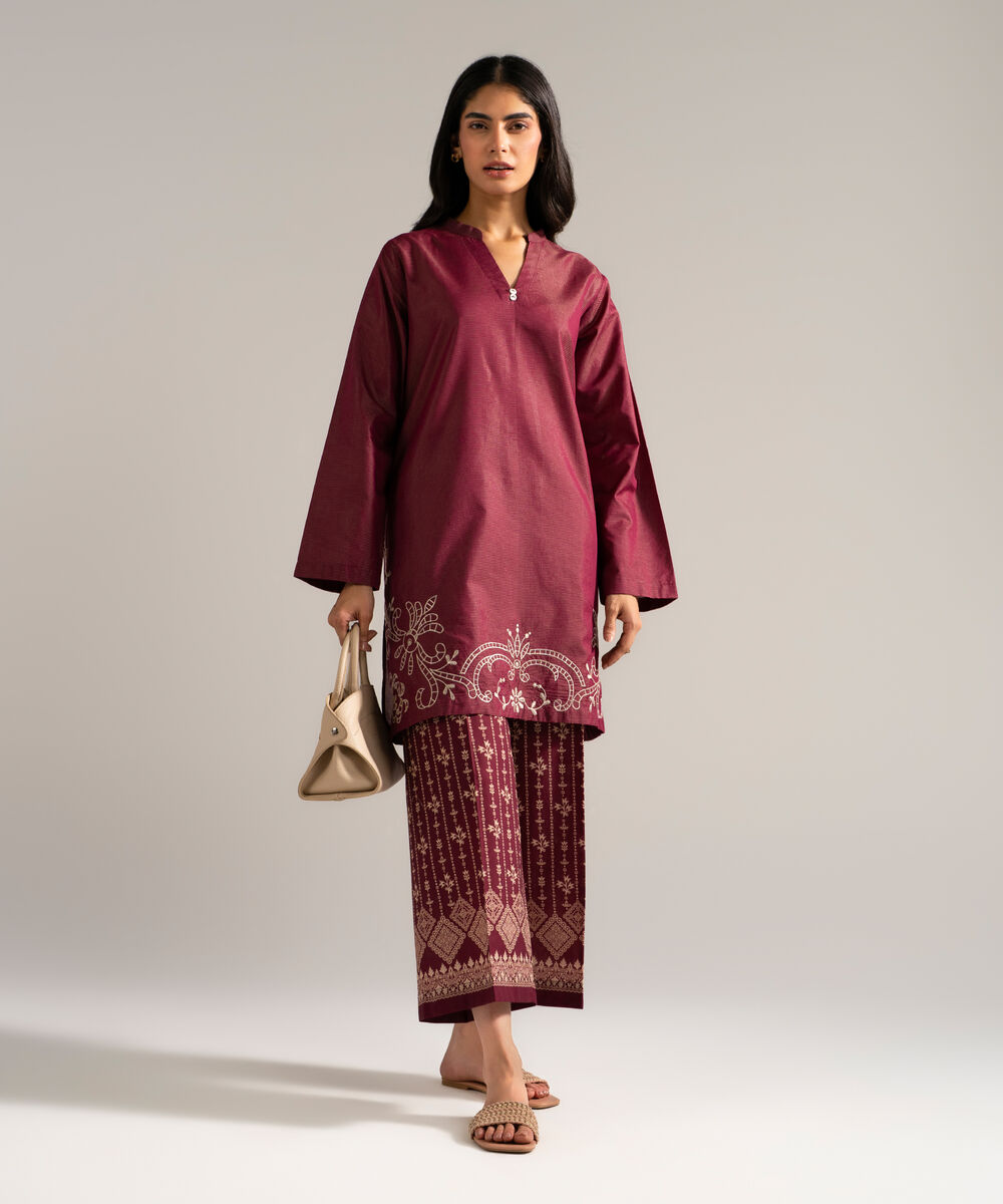 Women's RTW Zari Lawn Embroidered Red 2 Piece Suit