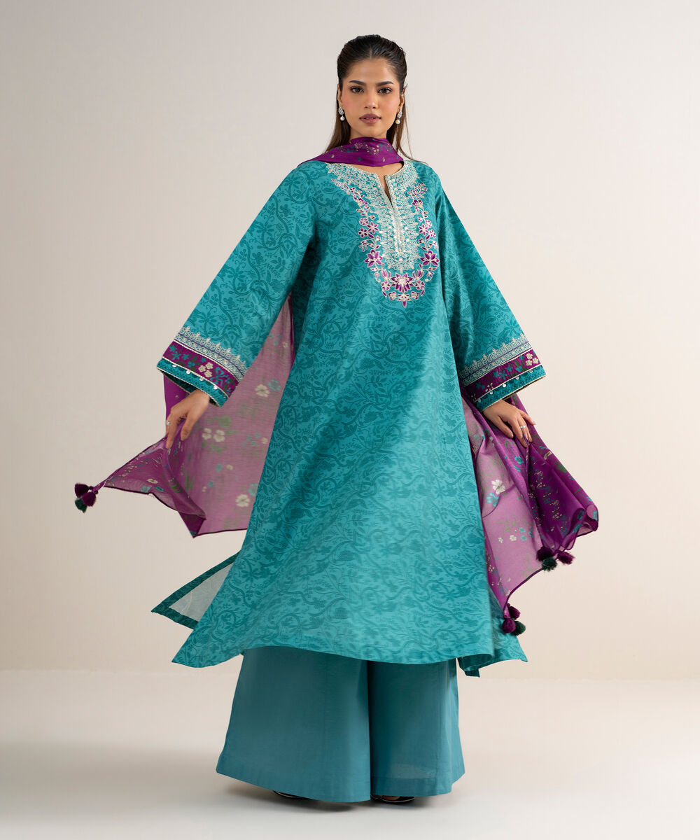 Women's Unstitched Cotton Embroidered Green 3 Piece Suit