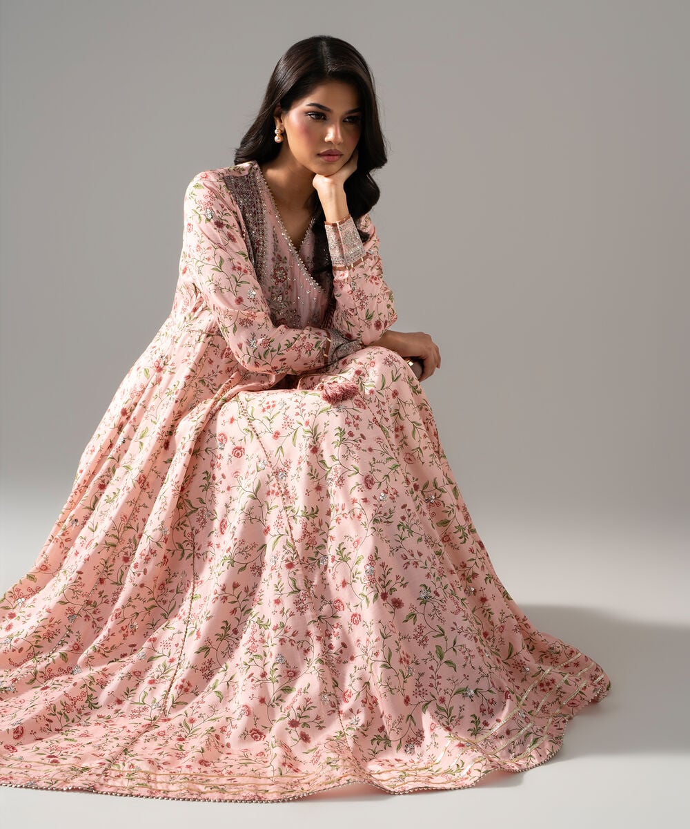 Women's RTW Bright Raw Silk Printed Pink Dress