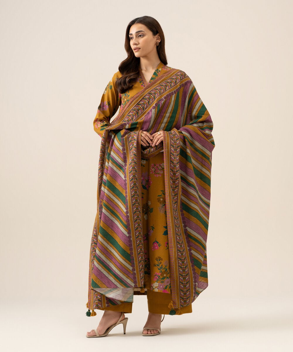 Women's Unstitched Premium Khaddar Printed Mustard 3 Piece Suit