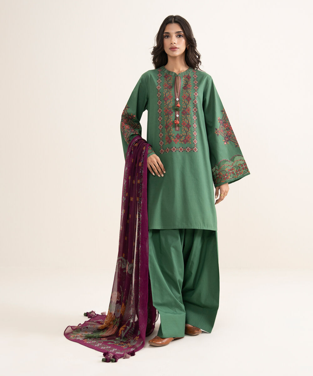 Women's Unstitched Textured Lawn Embroidered Green 3 Piece Suit