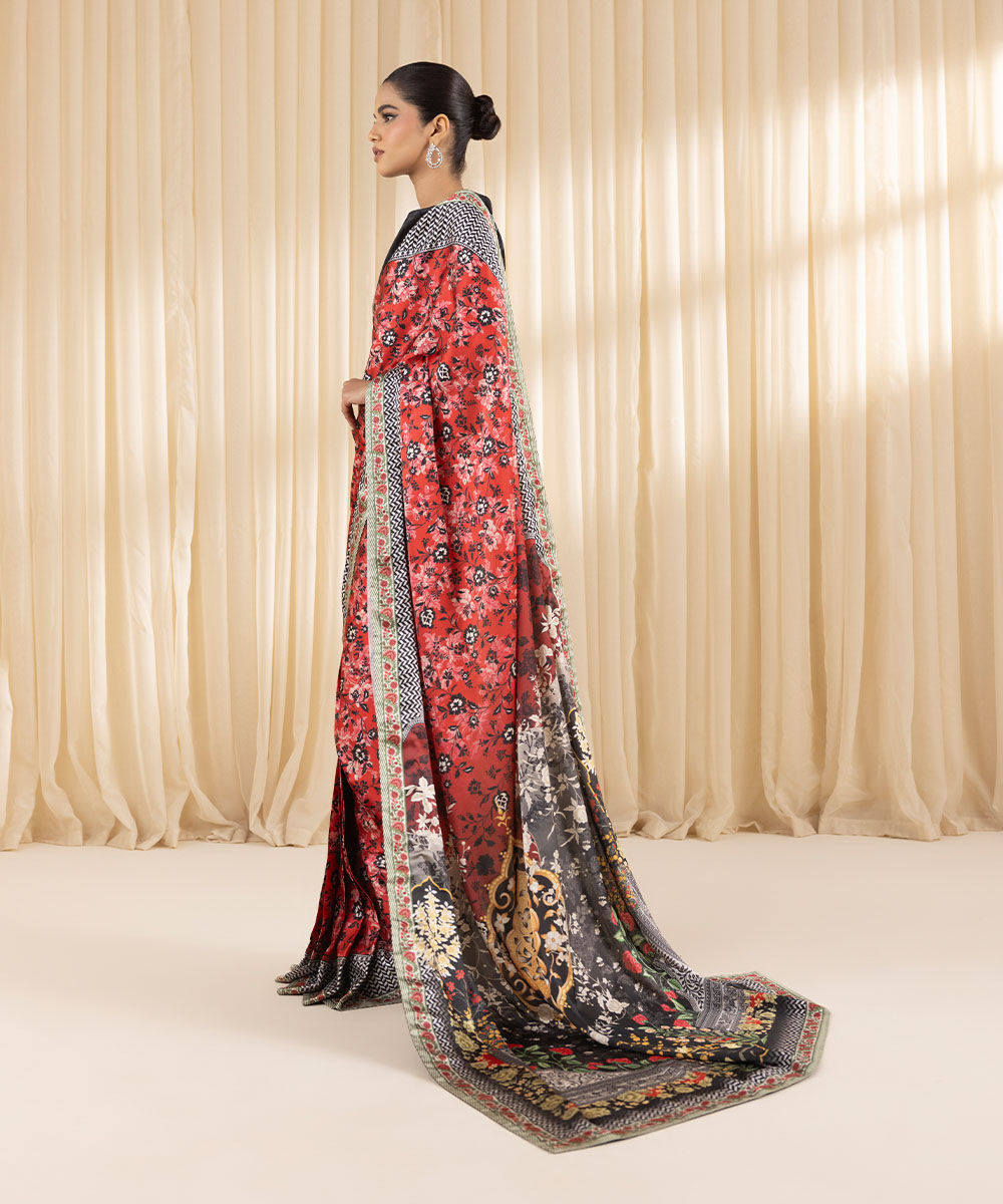 Women's Embroidered Blended Satin Red Saree