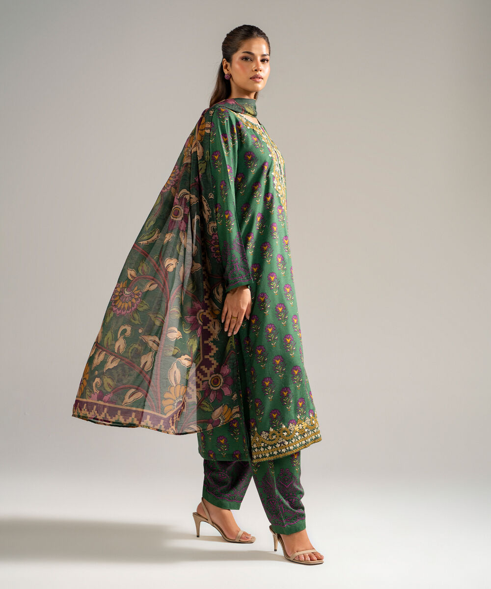 Women's RTW Self Jacquard Embroidered Green 3 Piece Suit