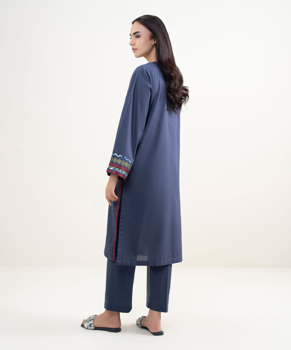 Women's RTW Dobby Embroidered Blue Straight Shirt