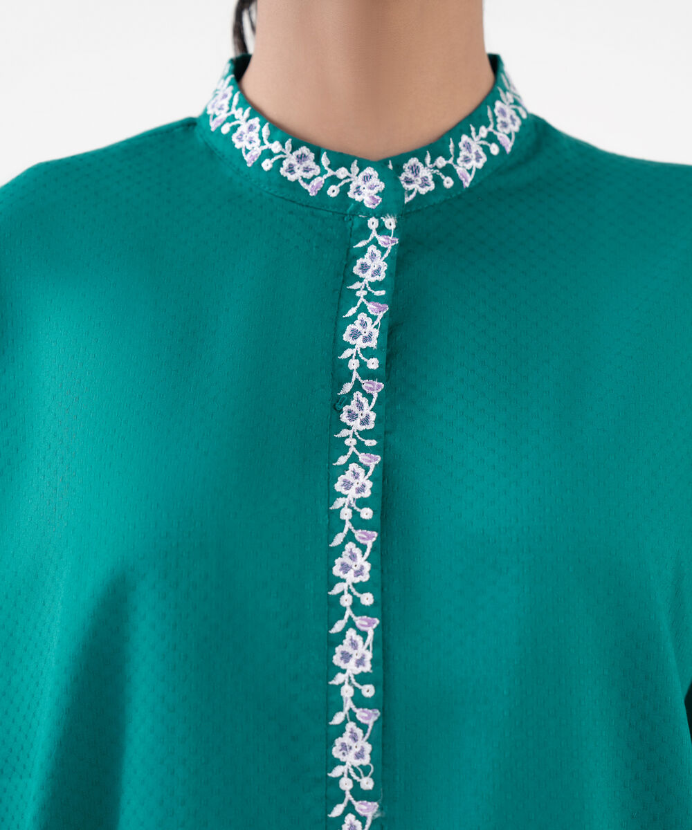 Women's RTW Textured Lawn Blue Embroidered A-Line Shirt