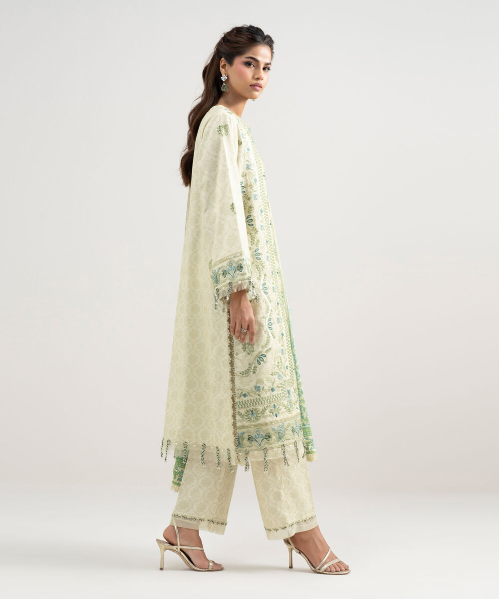 Women's Unstitched Lawn Embroidered Off White 3 Piece Suit