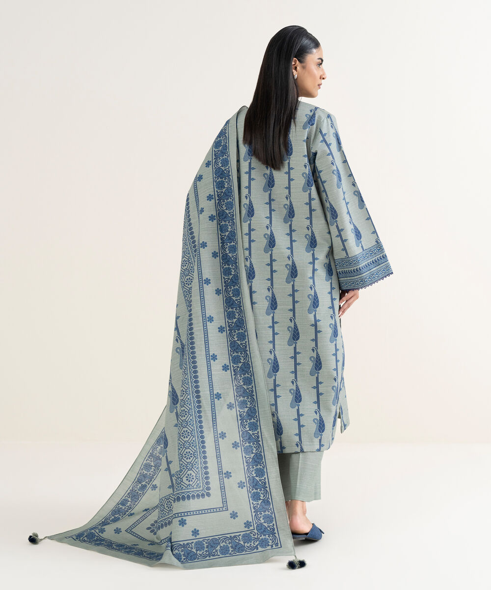 Women's Unstitched Printed Khaddar Grey and Blue 3 Piece Suit