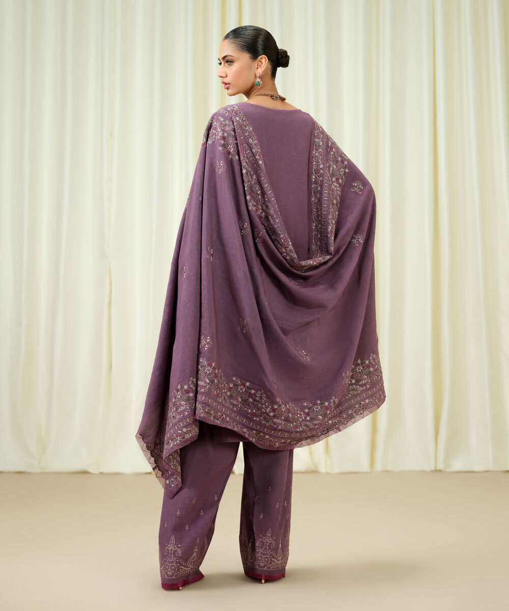 Women's Unstitched Viscose Karandi Embroidered Purple 3 Piece Suit