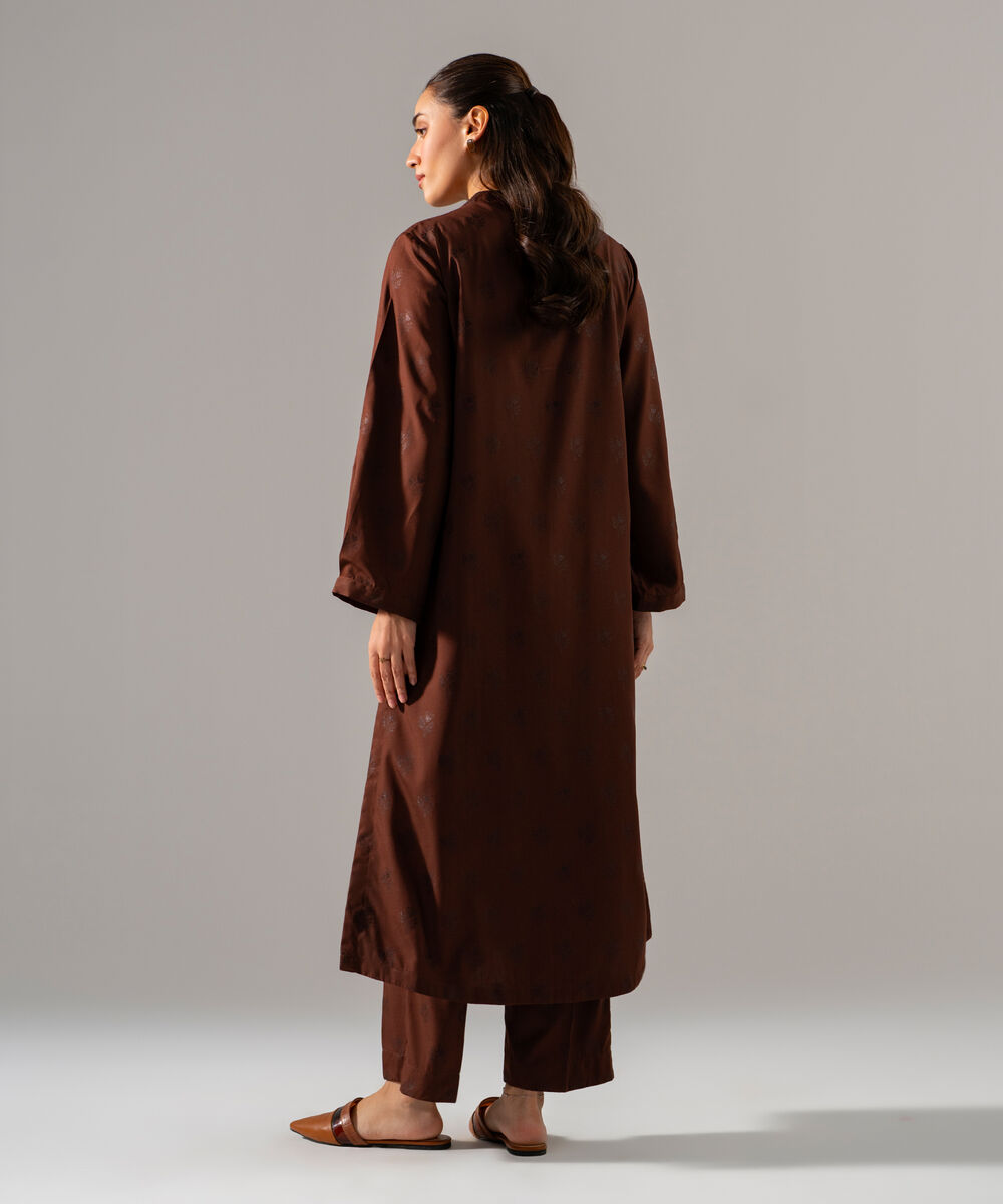 Women's RTW Poly Viscose Jacquard Solid Brown 2 Piece Suit