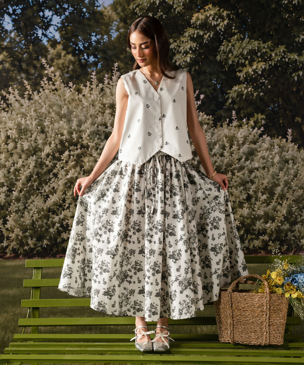 Women's RTW Poplin Printed White Skirt