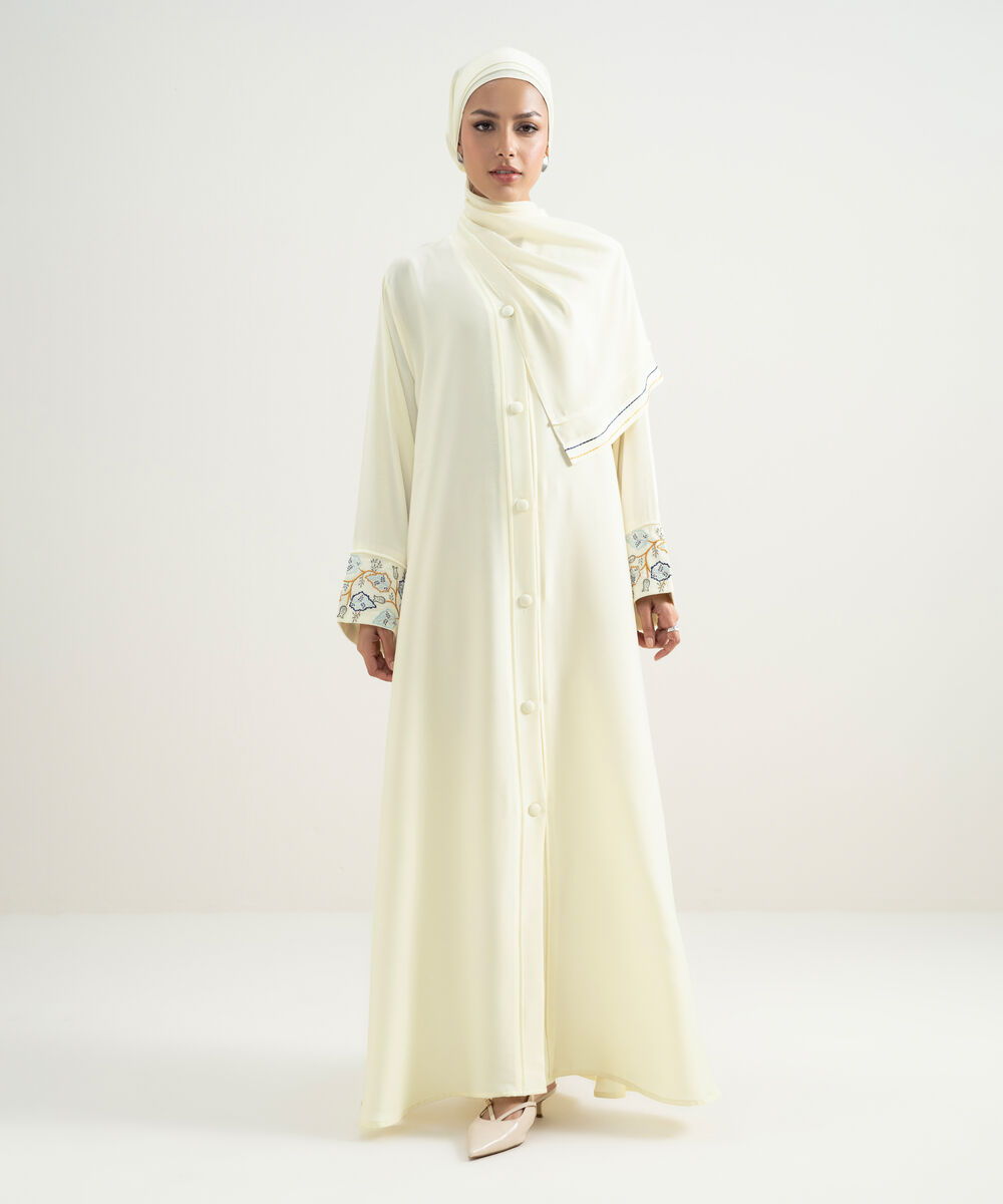 Women's Ivory Embroidered Abaya Set