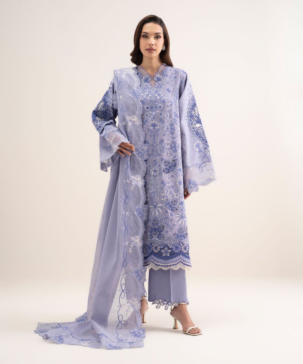 Women's Unstitched Lawn Embroidered Purple 3 Piece Suit