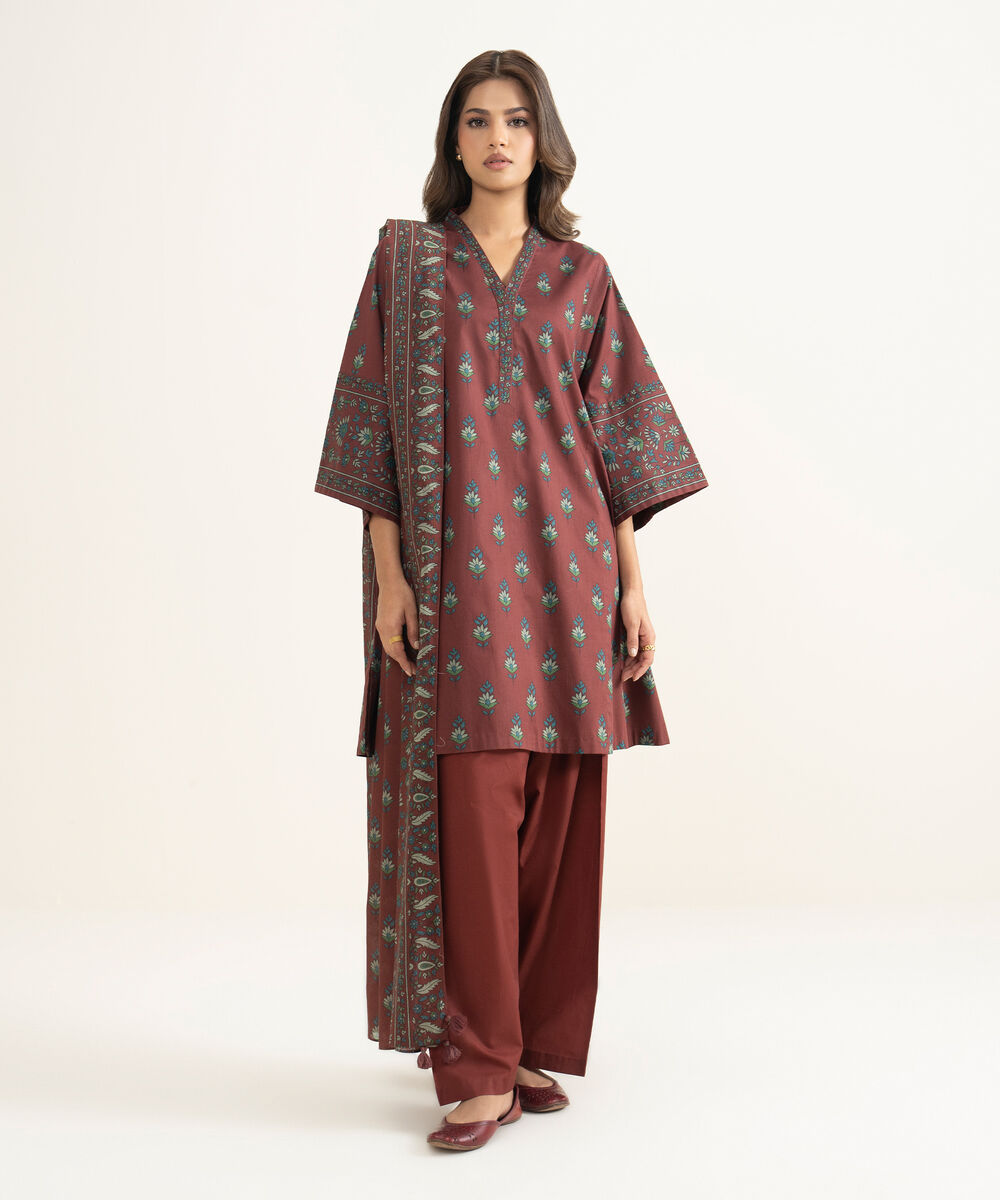 Women's Unstitched Lawn Printed Red 3 Piece Suit