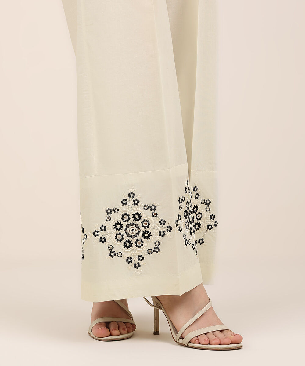 Women's RTW Cambric Off White Embroidered Flared Pants