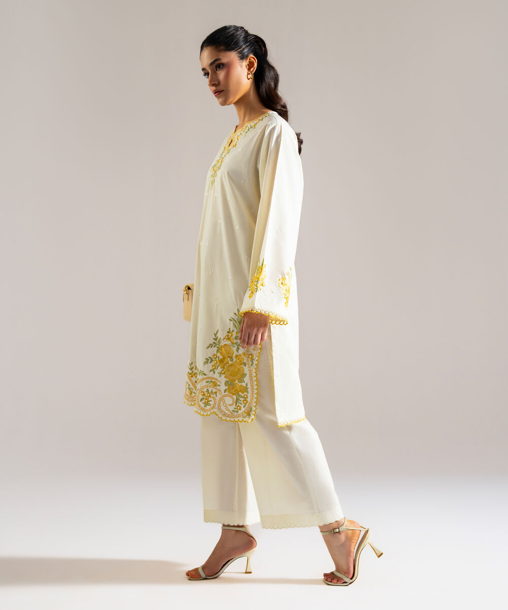 Women's RTW Lawn Embroidered Off White 2 Piece Suit