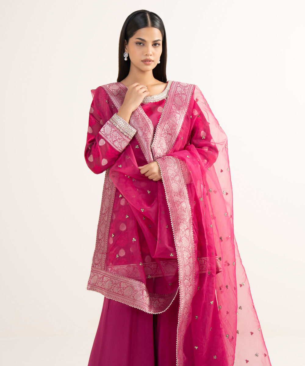 Women's RTW Zari Jacquard Pink Embroidered 3 Piece Suit