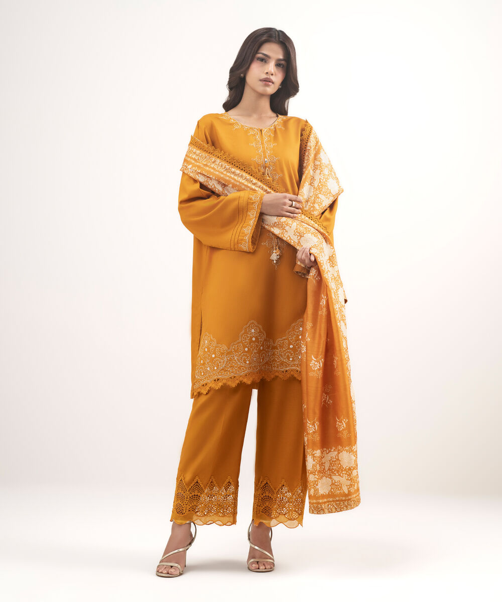Women's RTW Cotton Viscose Embroidered Orange 3 Piece Suit