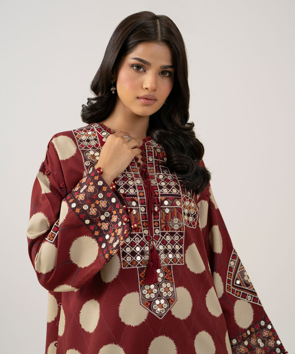 Women's Unstitched Linen Embroidered Maroon 2 Piece Suit