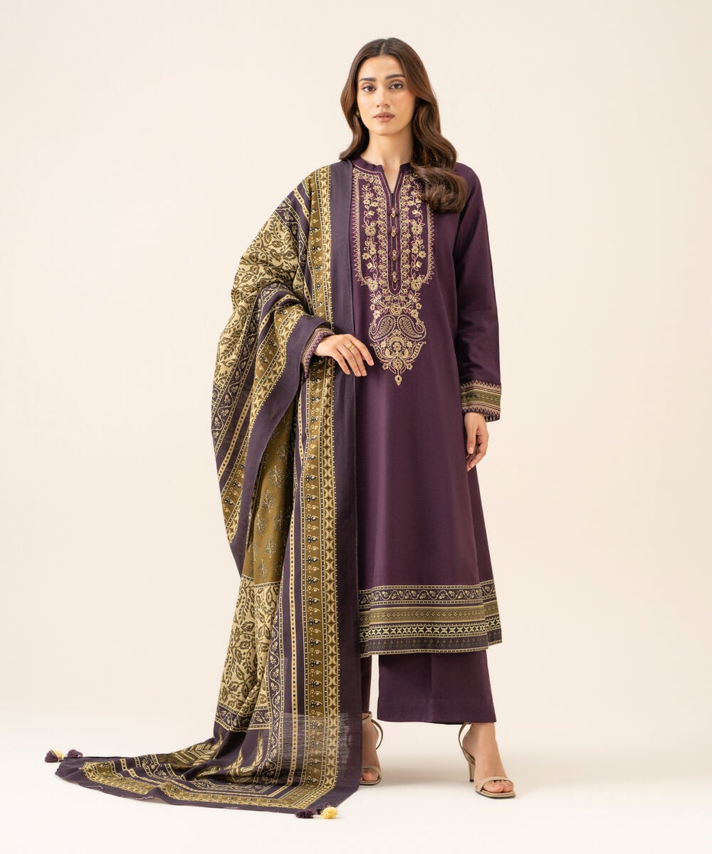 Women's Unstitched Light Khaddar Embroidered Plum 3 Piece Suit