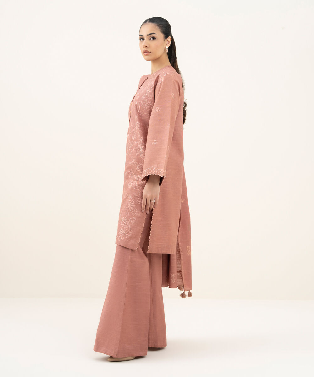 Women's Unstitched Embroidered Cotton Tea Pink 3 Piece Suit