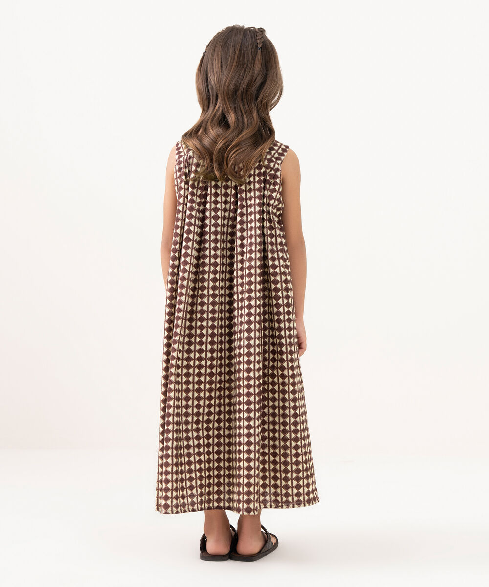 Girl's Light Khaddar Printed Brown A-Line Shirt