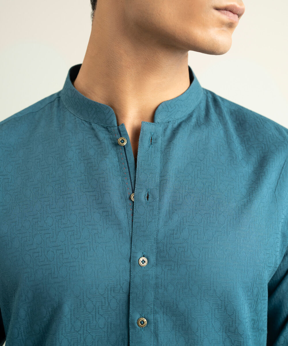 Men's teal Cotton Jacquard Kurta