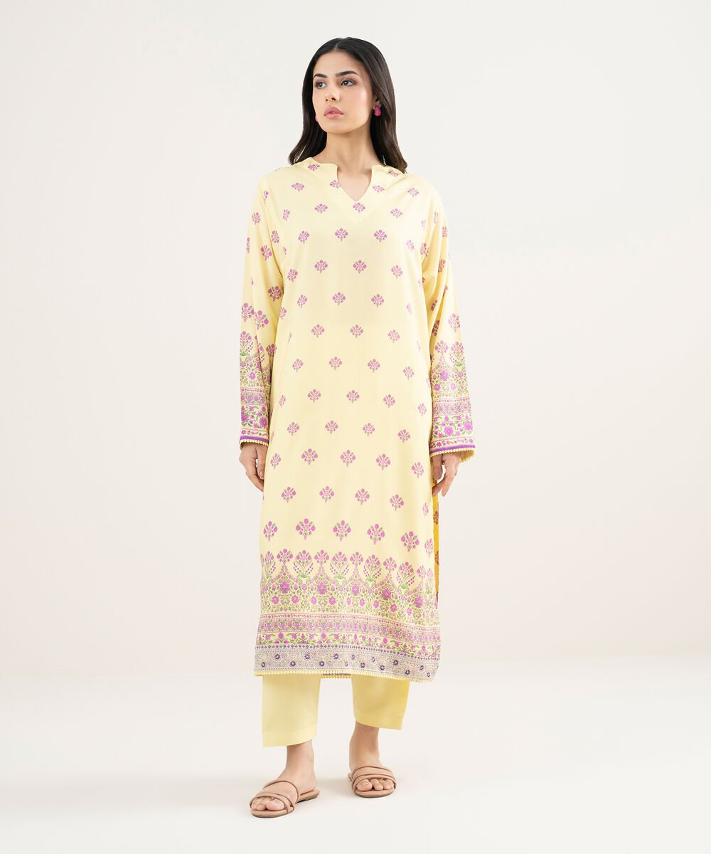 Women's RTW Arabic Cambric Embroidered Pale Yellow Straight Shirt