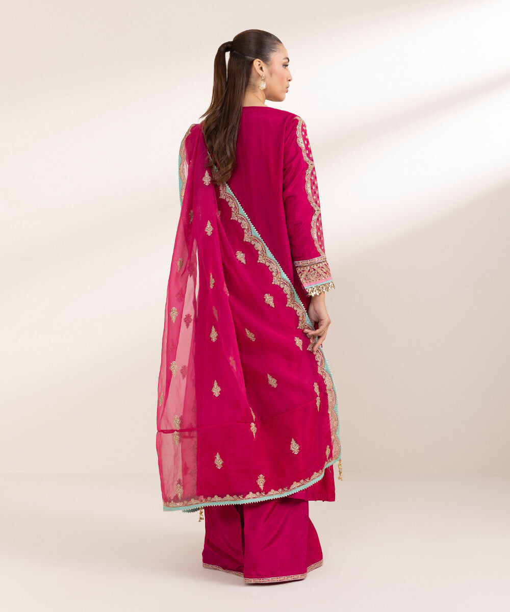 Women's Pret Blended Organza Red Embroidered 3 Piece Suit